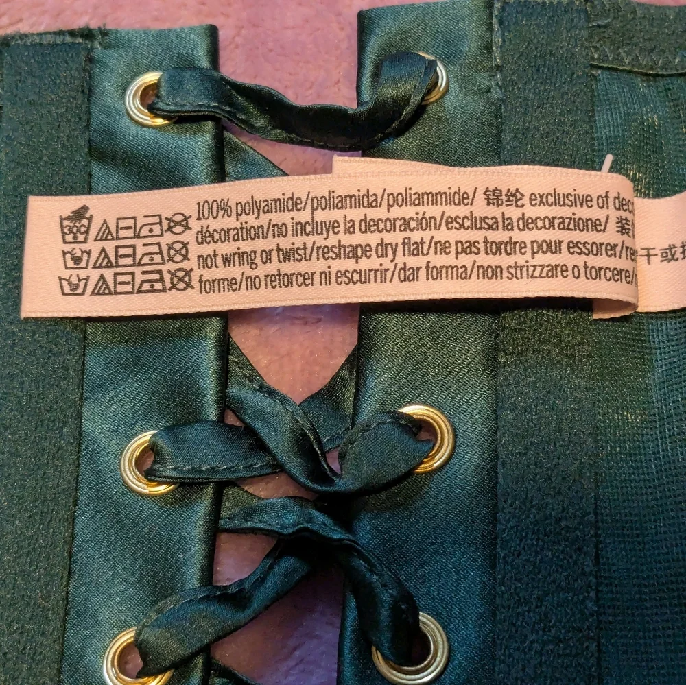 Victoria's Secret Emerald Satin Lace-Up Front Hook Close Corset And Thong - Picture 3 of 6